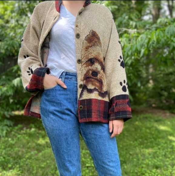 Vtg SUGAR STREET WEAVER Yorkshire Terrier Tapestry Jacket Cardigan Dogs Cottage - Picture 2 of 16